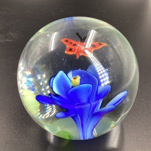 LSArts Art Glass Paperweight Blue with Red butterfly  Paper Weight